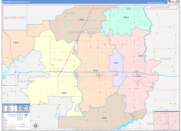 Jefferson Davis Parish (County), LA Wall Map Color Cast Style